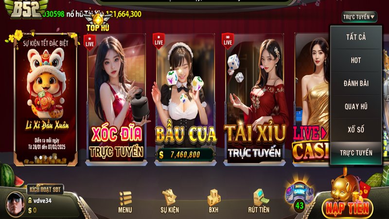 Hướng dẫn chơi B52 Play trên PC sẽ giúp bạn hiểu rõ menu